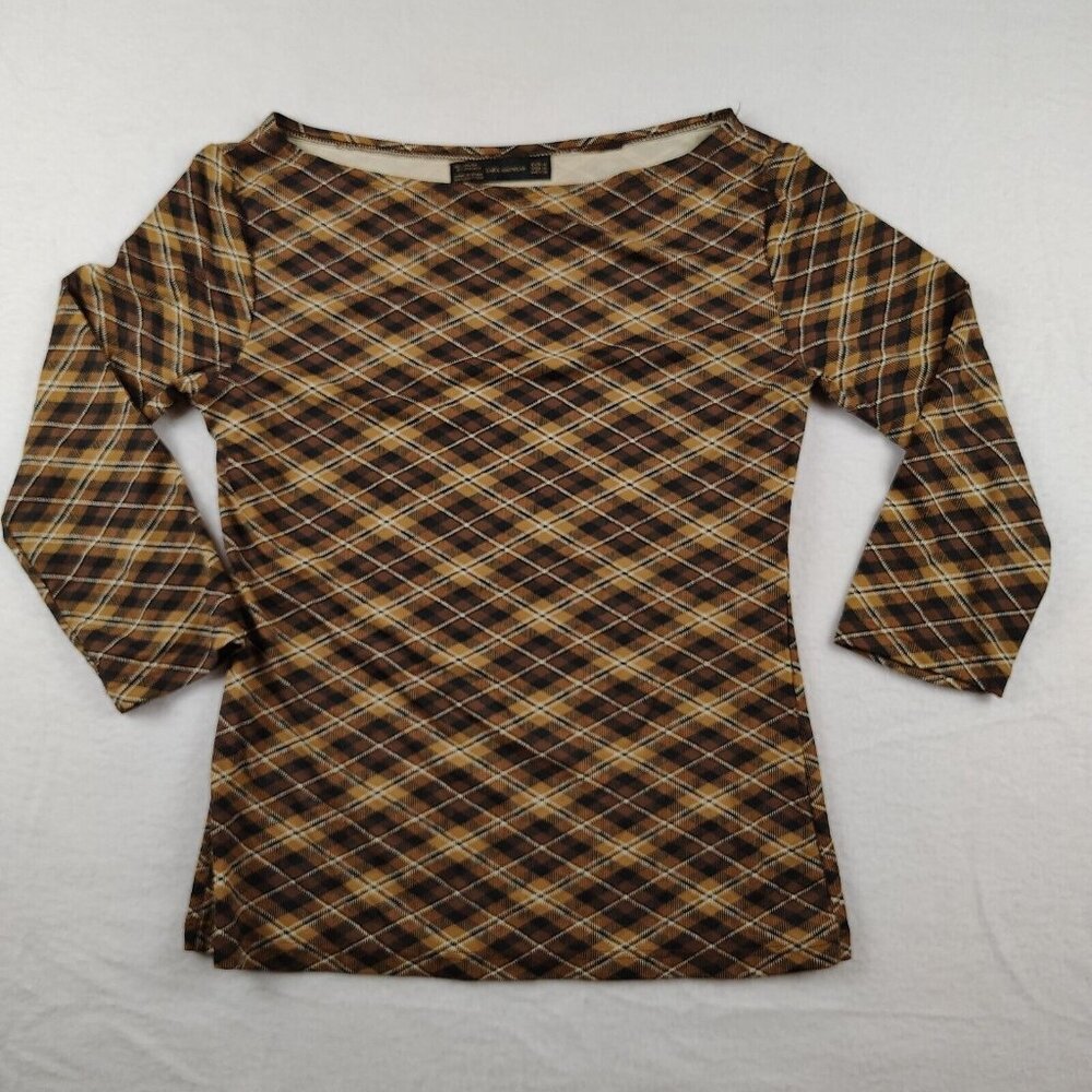 Zara Knitwear Shirt Brown Plaid 3/4 Sleeve Sz Medium - Picture 1 of 9